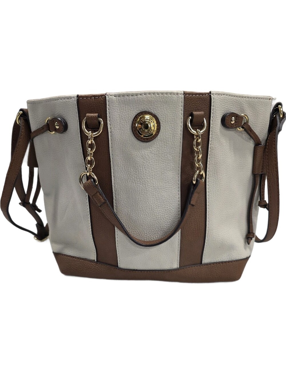 Tommy Hilfiger Colorblock Crossbody Bag Cream Cognac Gold Chain Accent